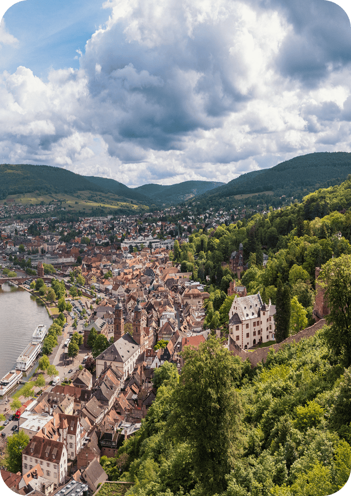 Blick auf eine Stadt im Tal mit bewaldeten Hügeln
