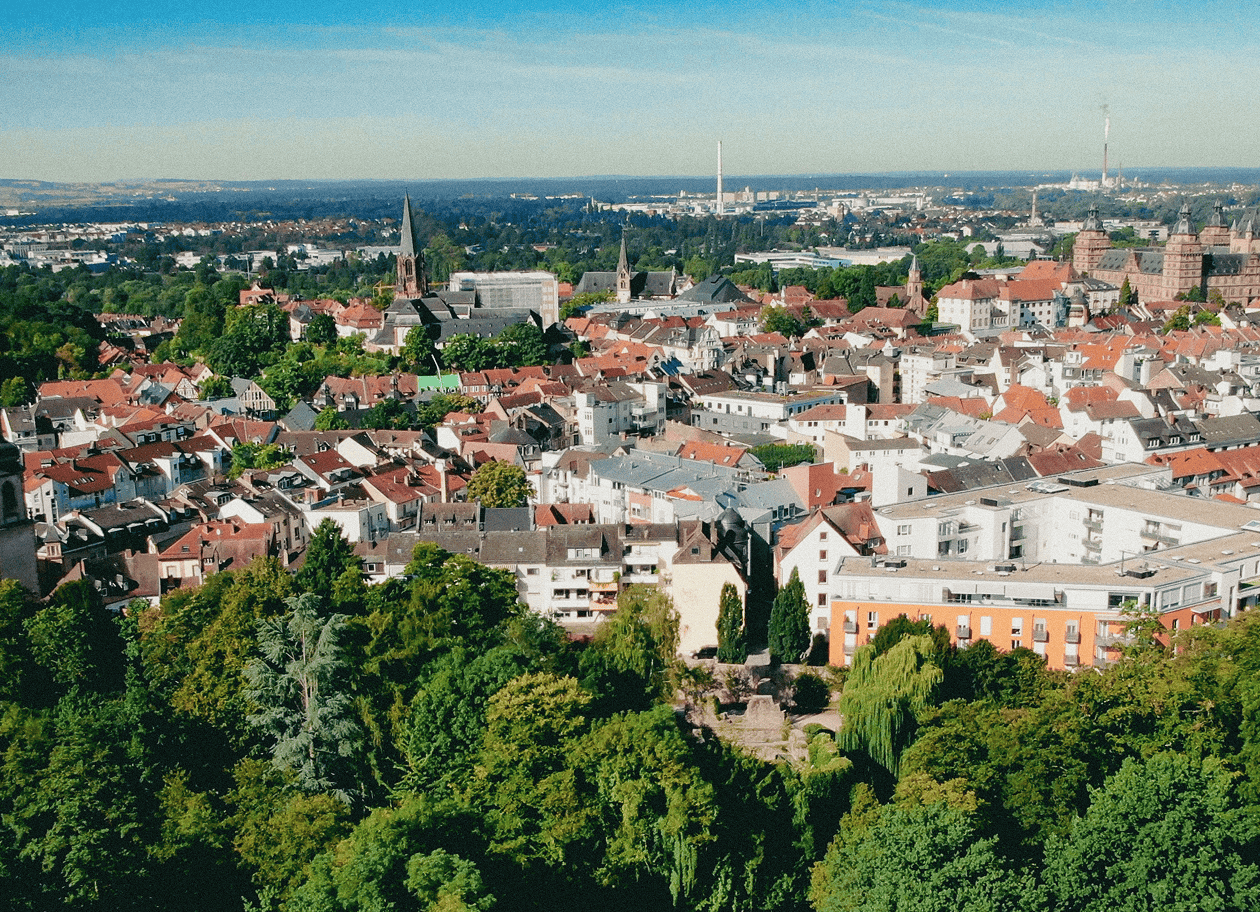 Blick über Aschaffenburg mit Kirche und roten Dächern