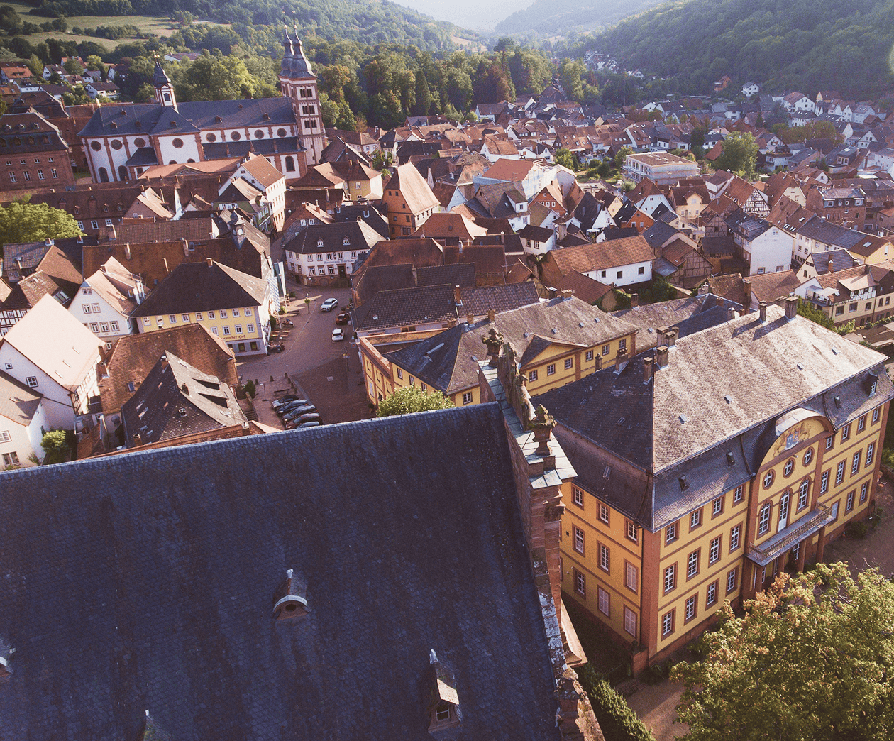 Blick über Dächer einer Stadt am Bayerischen Untermain