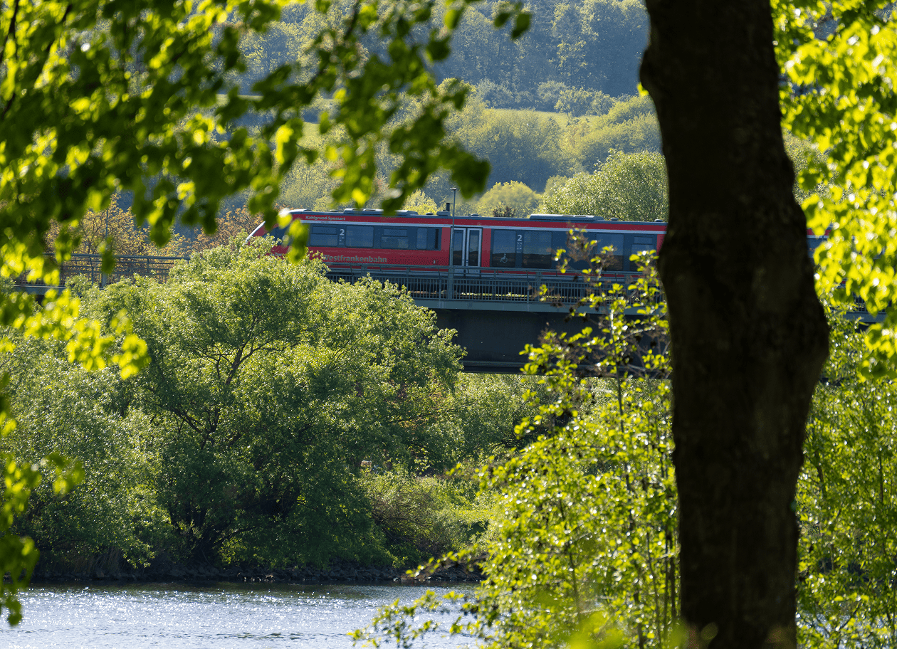 Zug fährt durch eine grüne Landschaft bei Wertheim